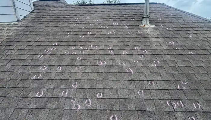 Visible hail spatter marks and impact damage on asphalt shingles after Houston hail storm